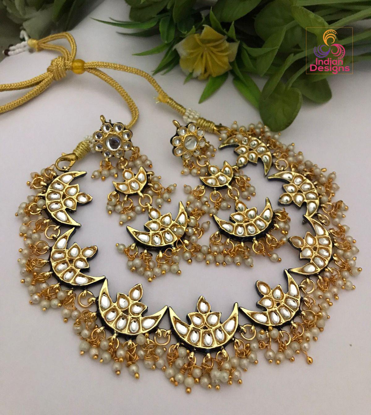 Kundan Necklace Set with Crescent Moon Design and Pearl Beads| Victorian Polki Choker Necklace set| Indian?Pakistani Jewelry| Gift for her