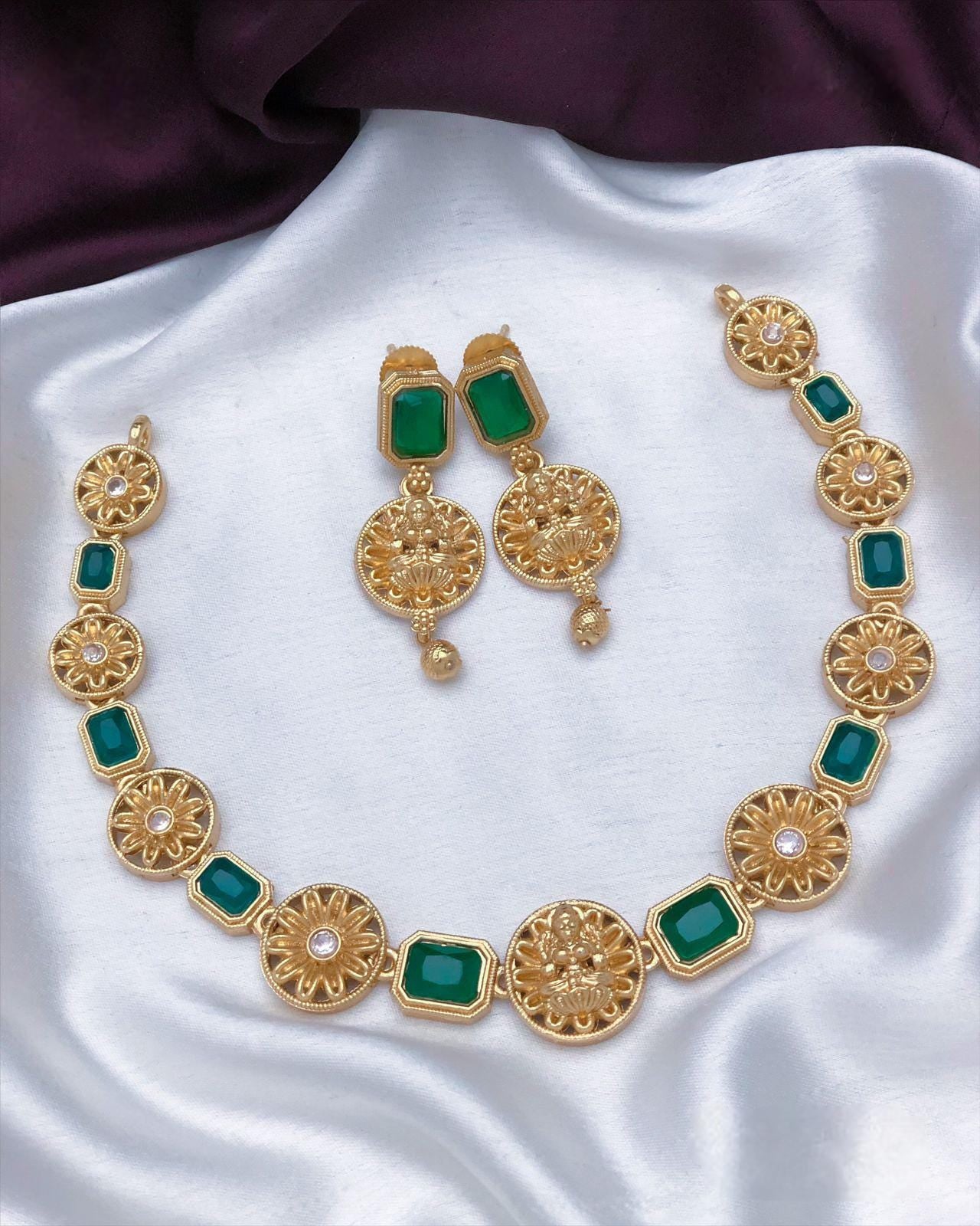 Gold-Plated Necklace Set with Red and Green Stones|Traditional Indian Jewelry| Elegant Wedding Necklace with Matching Earrings| Gift for her