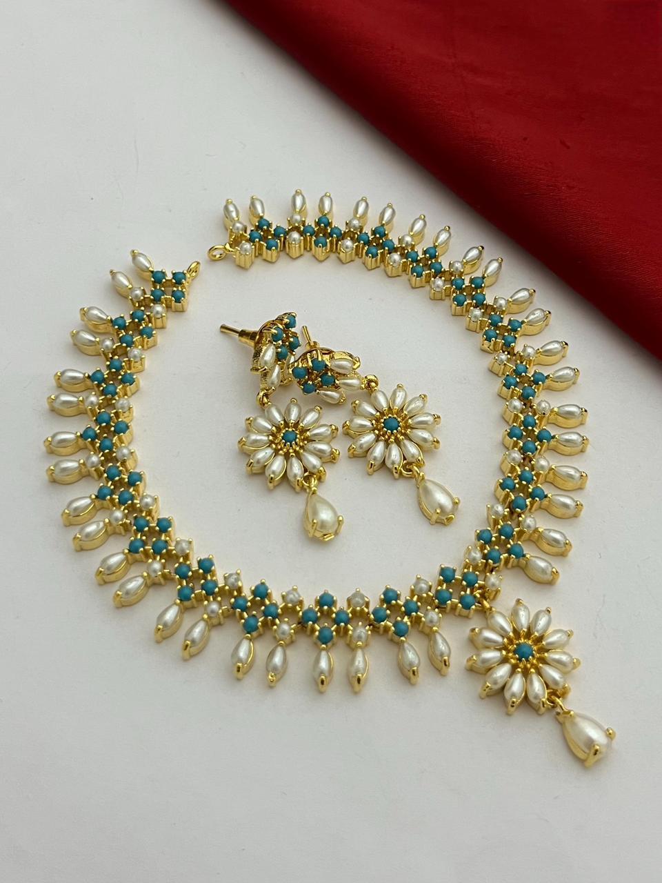 Gold Plated Pearl and Turquoise Floral Necklace Set| Statement Jewelry| Designer Necklace & Earrings for Wedding| Freshwater pearl necklace
