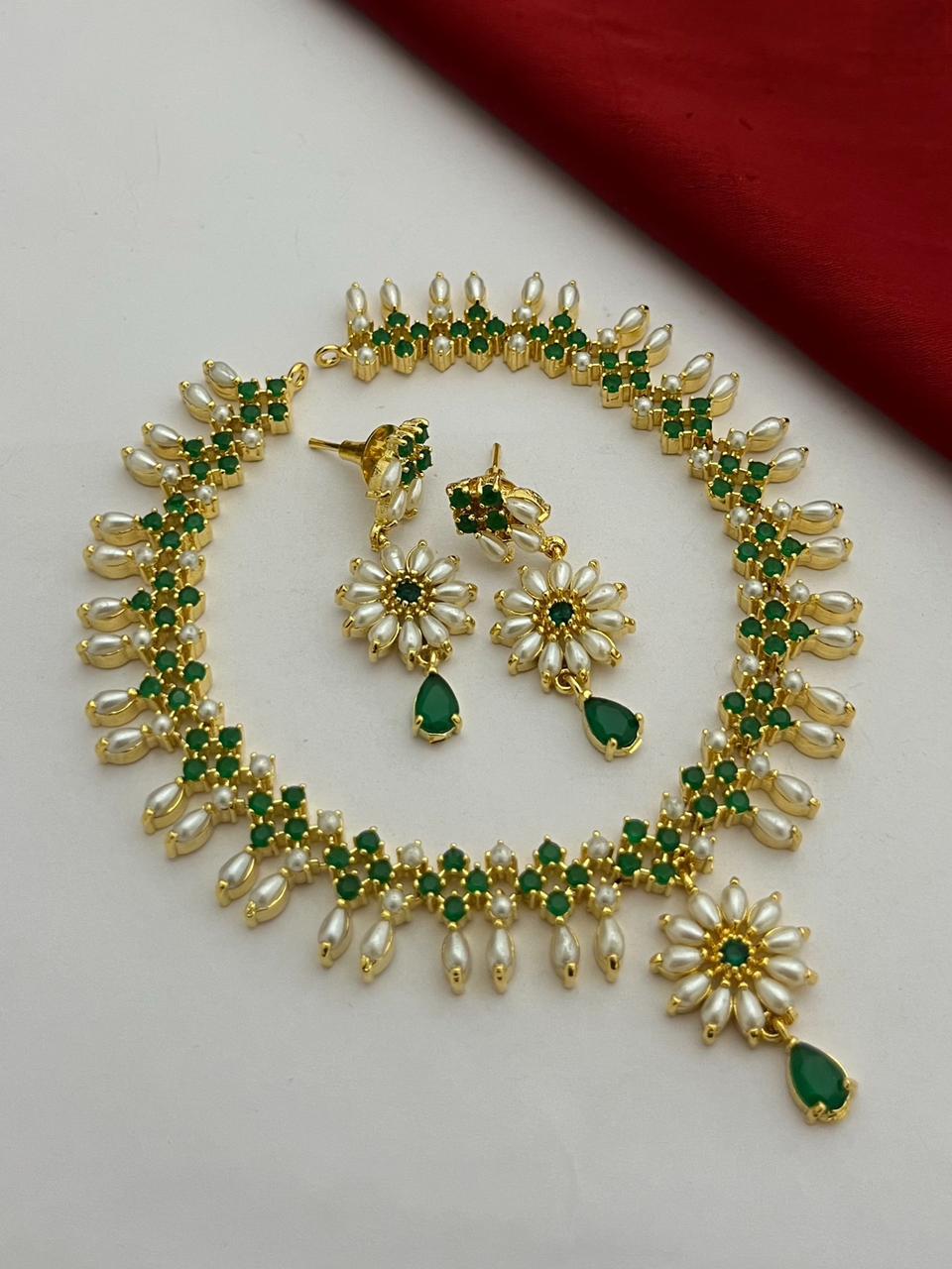 Gold Plated Pearl and Turquoise Floral Necklace Set| Statement Jewelry| Designer Necklace & Earrings for Wedding| Freshwater pearl necklace