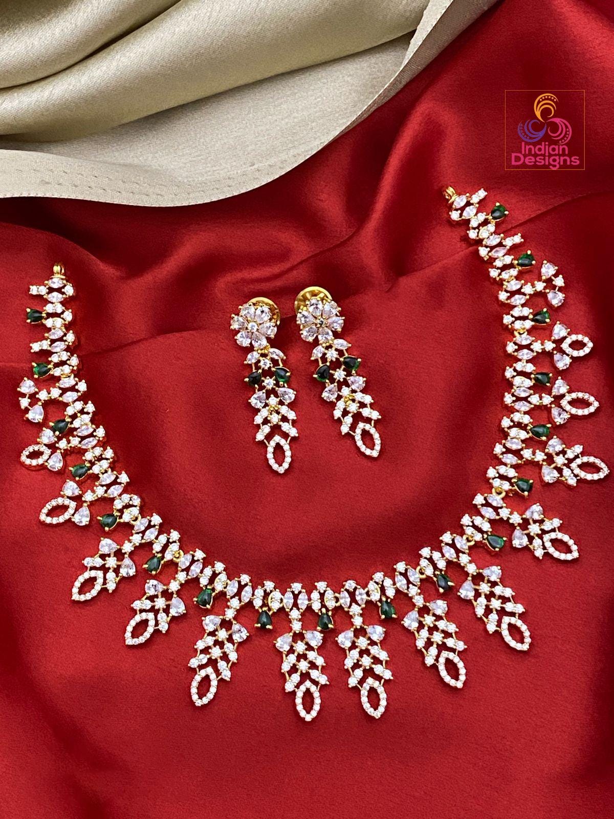 Gold Plated American Diamond Dainty Necklace and Earrings| Emerald Ruby CZ Diamond choker| Indian jewelry| Statement Necklace| Gift for her