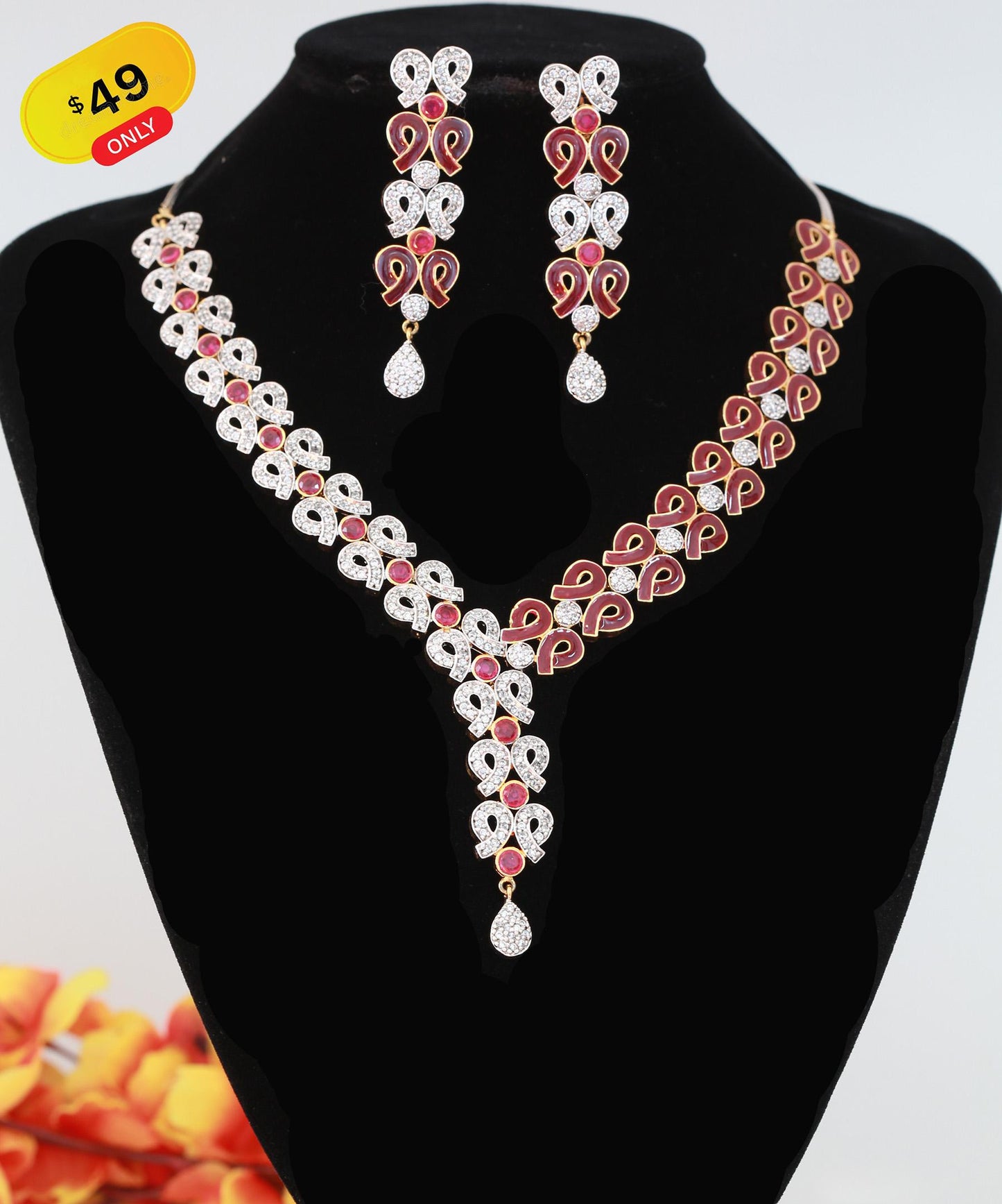 Elegant Crystal Necklace and Earrings Set Available in Green,Ruby and Blue| Statement American Diamond Wedding Jewelry| Perfect Gift for her