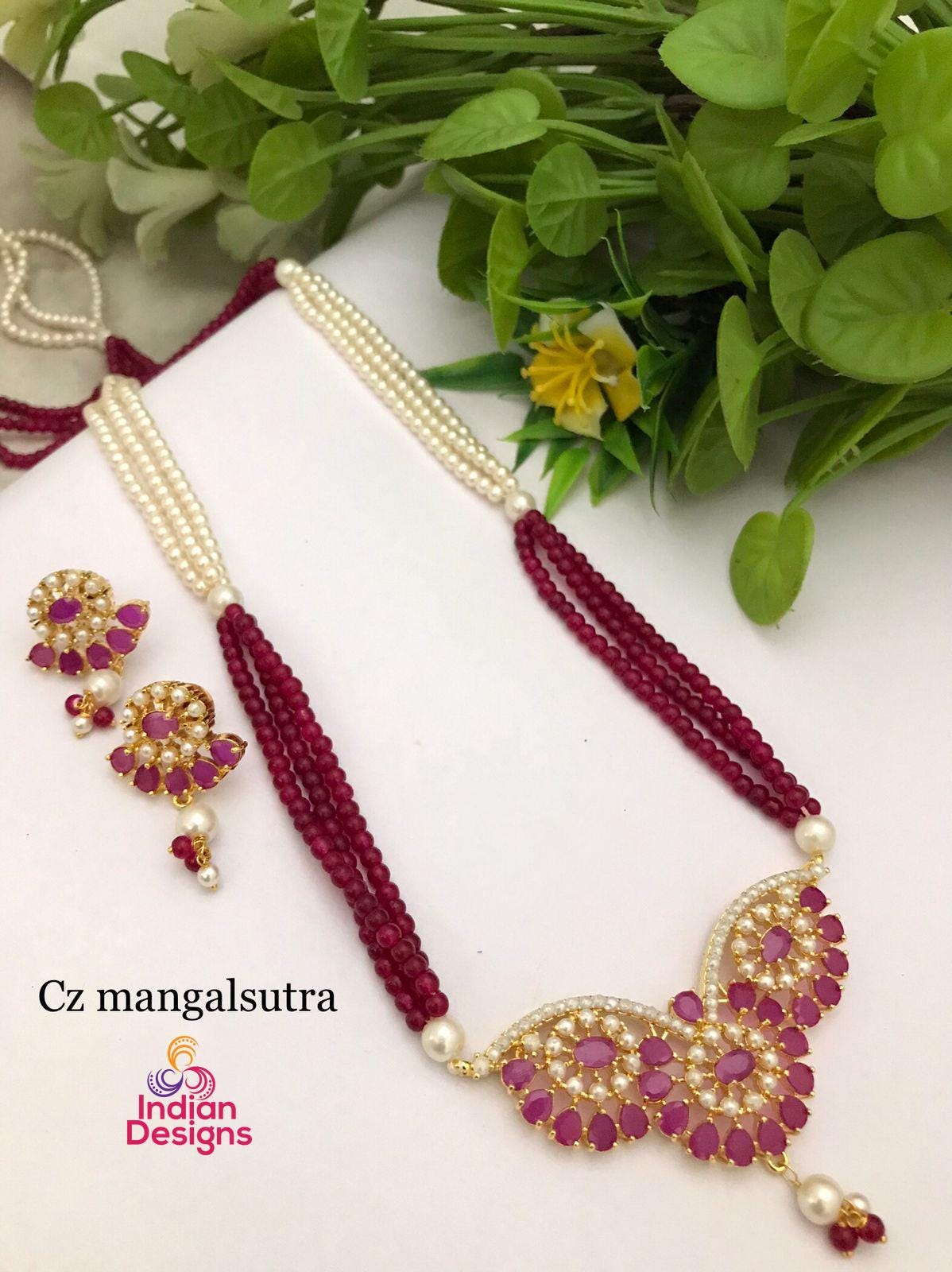 Gold plated Cz stone pearl Mangalsutra| American diamond Mangalsutra Long Necklace with earrings| AD Pendant and Earrings set| Gift for her