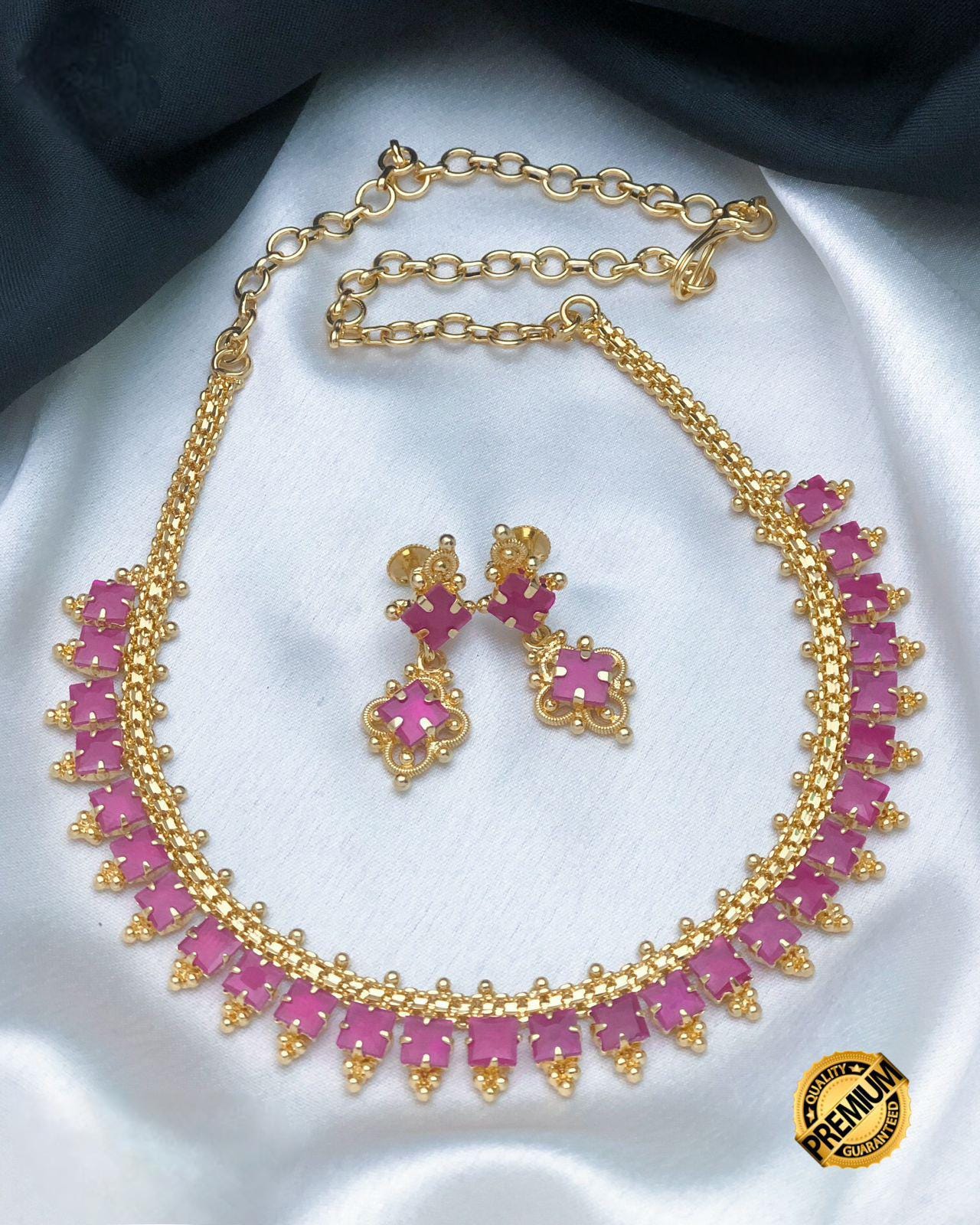 Gold Plated American Diamond Dainty Necklace and Earrings| Emerald Ruby CZ Diamond choker| Indian jewelry| Statement Necklace| Gift for her