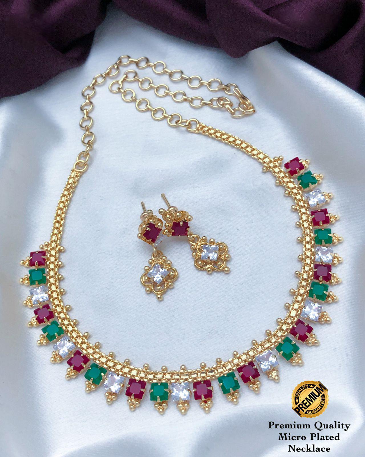 Gold Plated American Diamond Dainty Necklace and Earrings| Emerald Ruby CZ Diamond choker| Indian jewelry| Statement Necklace| Gift for her