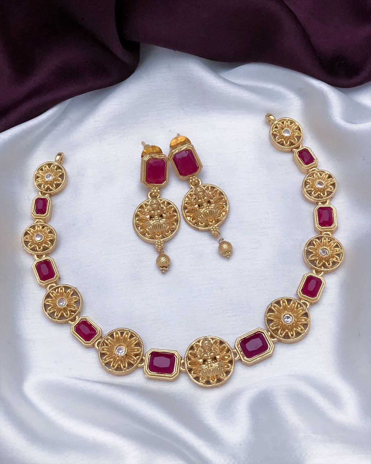Gold-Plated Necklace Set with Red and Green Stones|Traditional Indian Jewelry| Elegant Wedding Necklace with Matching Earrings| Gift for her