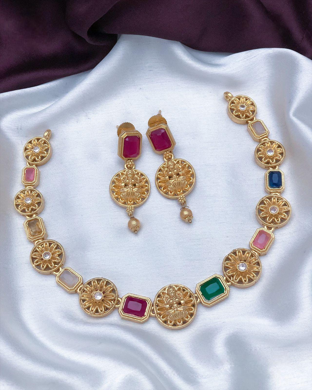 Gold-Plated Necklace Set with Red and Green Stones|Traditional Indian Jewelry| Elegant Wedding Necklace with Matching Earrings| Gift for her