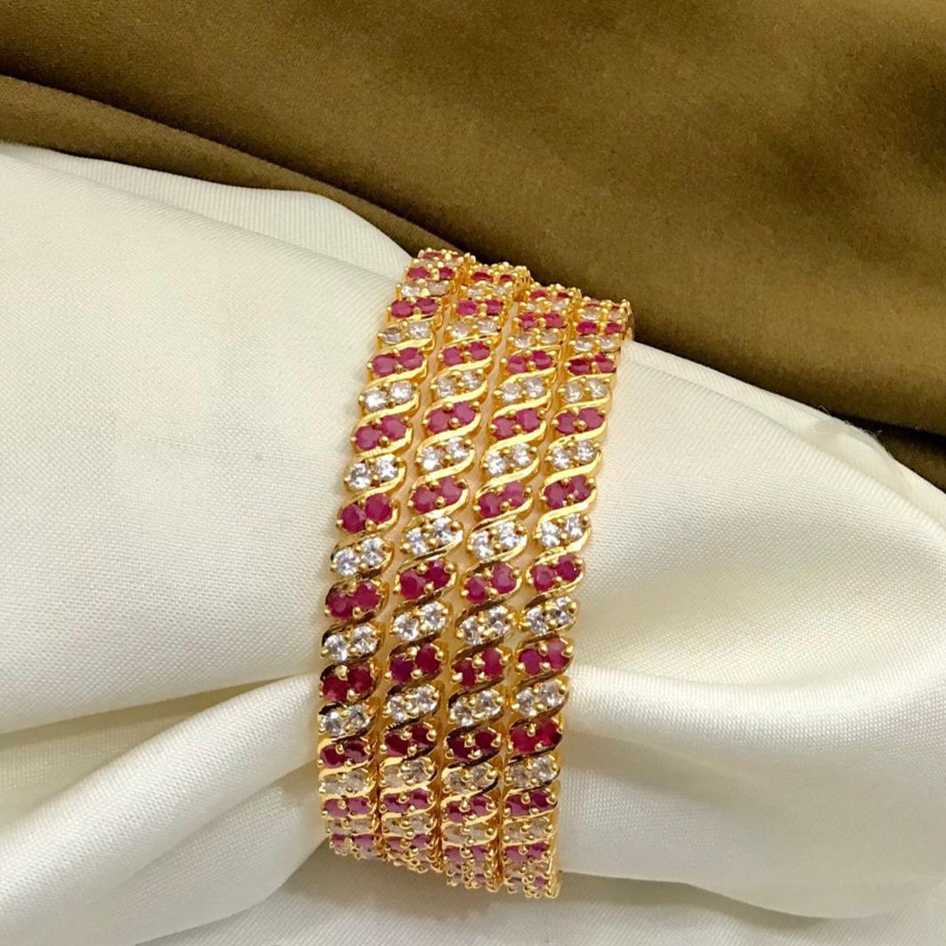 Gold Plated Daily Wear Ruby and White stone Bangles-set of 4| American Diamond Party wear bangle set| Traditional Indian style Bangles