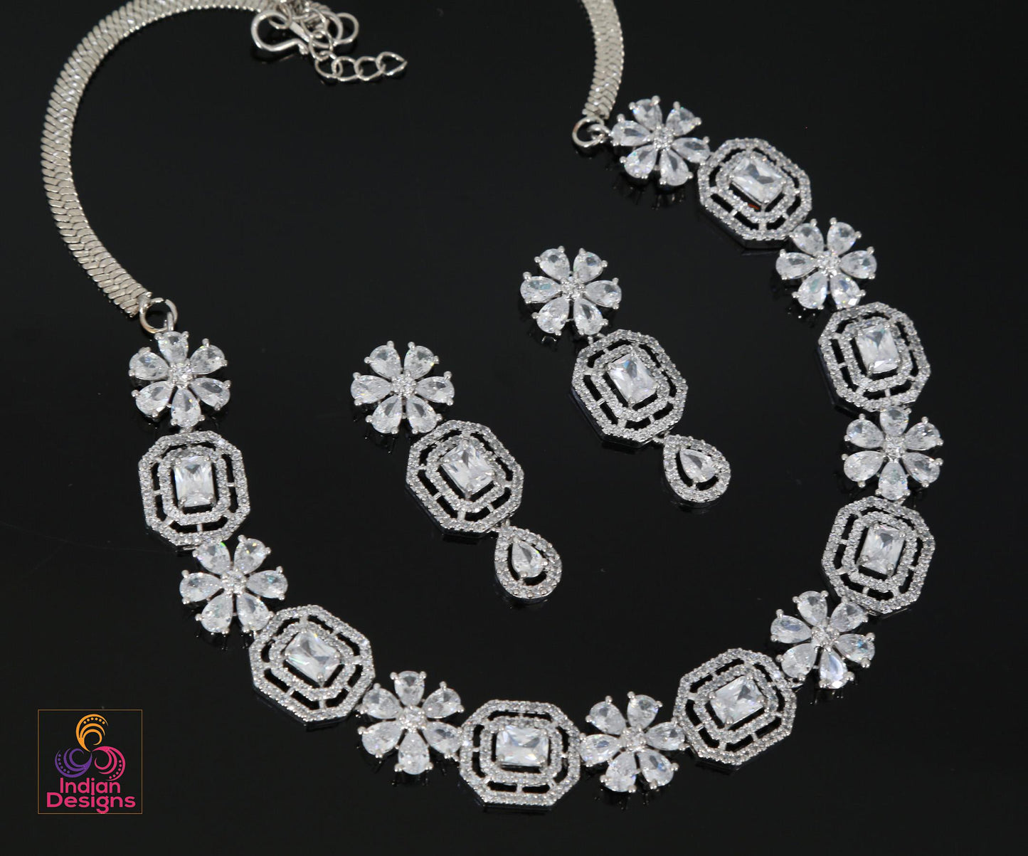 Beautiful American Diamond Necklace with Earrings| Dainty Topaz CZ Necklace set| Elegant Party Wear Jewelry| CZ diamond jewelry|Gift for her