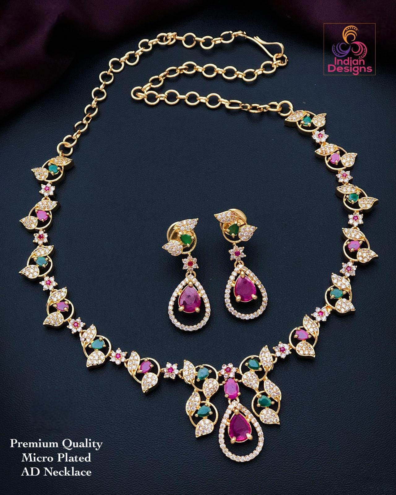 Gold Plated American Diamond Necklace and Earrings| Green Ruby CZ Diamond Floral choker set| Indian jewelry Statement Necklace| Gift for her