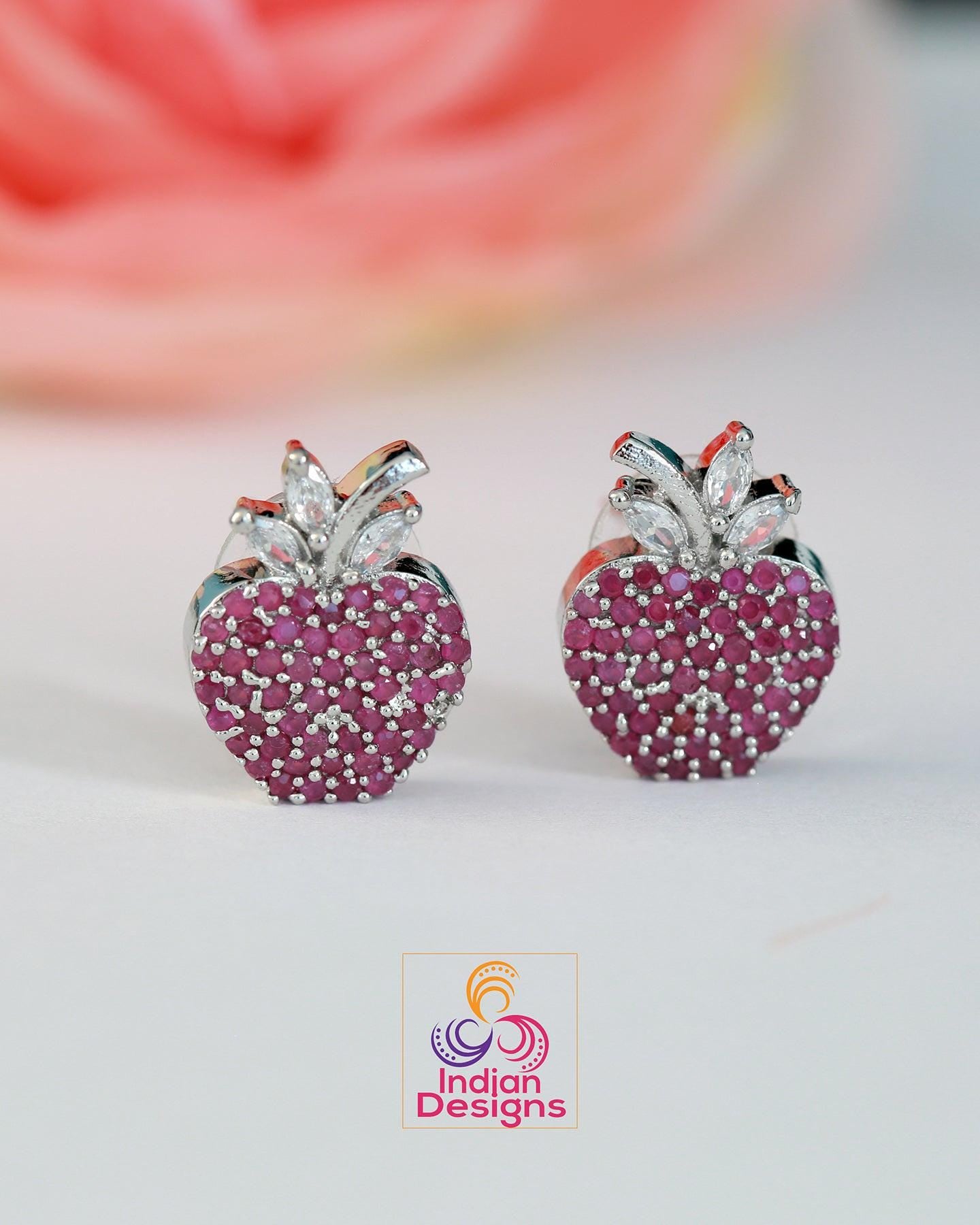 Silver Plated Apple shaped American Diamond CZ crystal Stud earrings