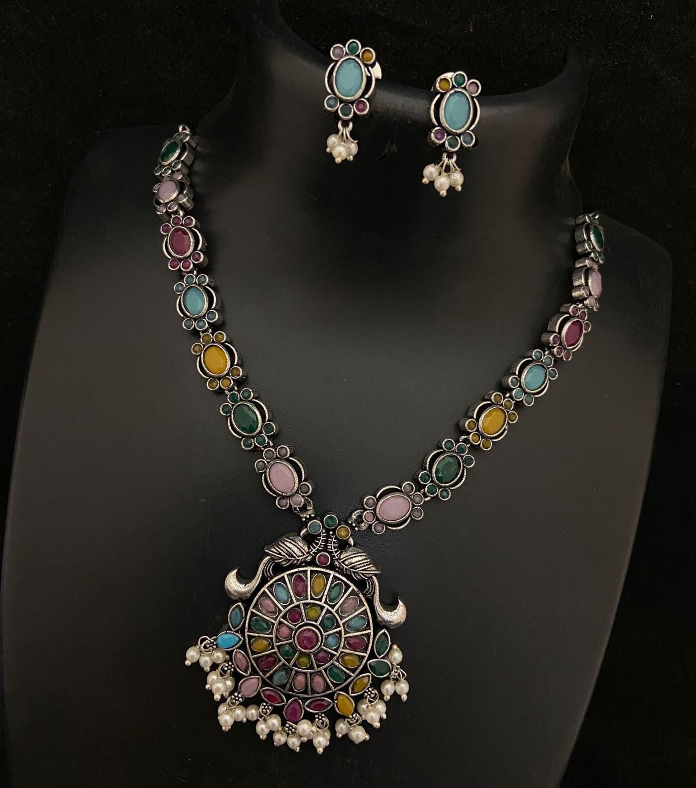 Premium Quality German Silver Oxidized Indian jewelry necklace| Indian Ethnic Jewelry| Oxidized Silver peacock Pendant Party Wear Jewelry