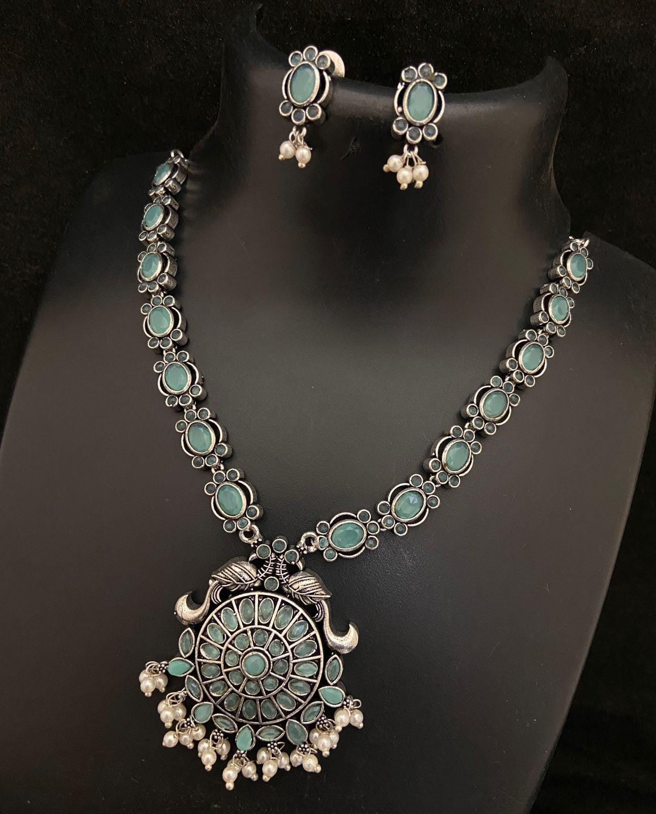 Premium Quality German Silver Oxidized Indian jewelry necklace| Indian Ethnic Jewelry| Oxidized Silver peacock Pendant Party Wear Jewelry