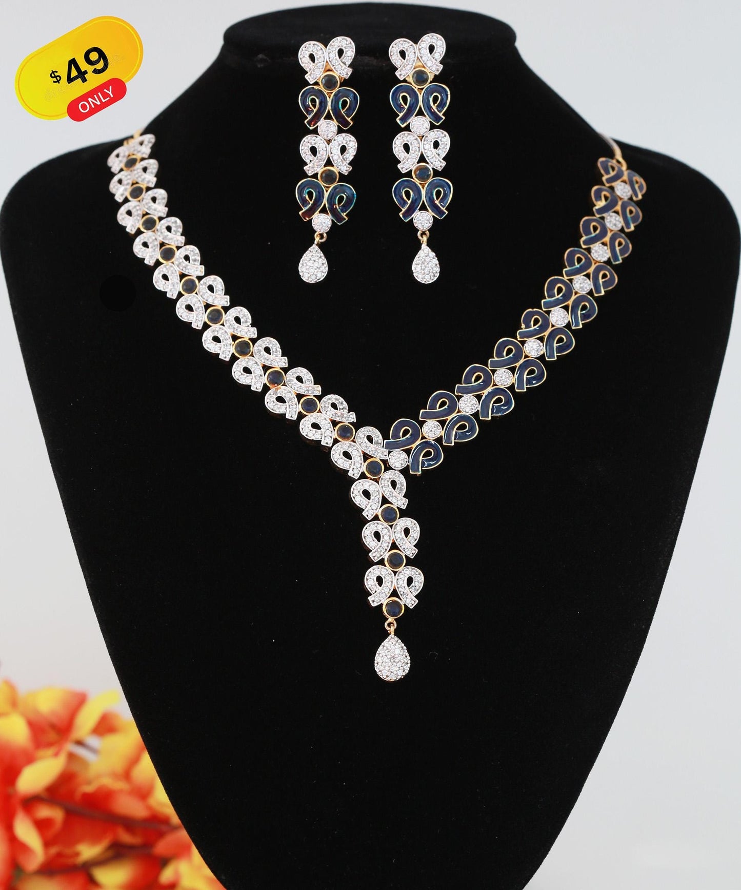 Elegant Crystal Necklace and Earrings Set Available in Green,Ruby and Blue| Statement American Diamond Wedding Jewelry| Perfect Gift for her