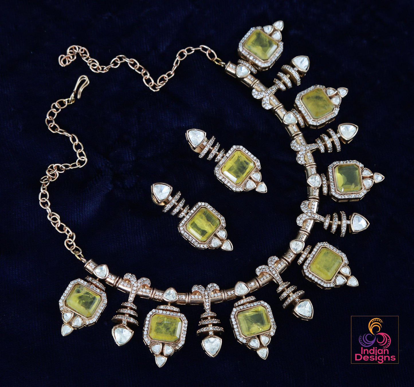 Pink Doublet and Moissanite stone Necklace & Earring Set| Victorian Gold Purple Kundan Sabyasachi Inspired Jewelry| Statement necklace