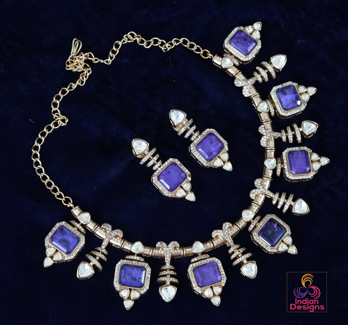 Pink Doublet and Moissanite stone Necklace & Earring Set| Victorian Gold Purple Kundan Sabyasachi Inspired Jewelry| Statement necklace