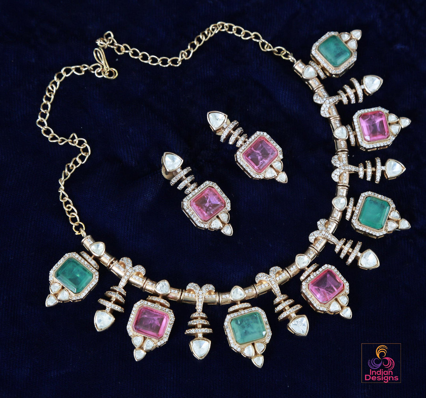 Pink Doublet and Moissanite stone Necklace & Earring Set| Victorian Gold Purple Kundan Sabyasachi Inspired Jewelry| Statement necklace