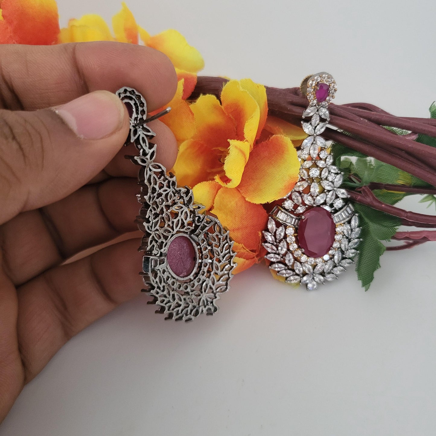 American Diamond Ruby stone Long Earrings| Indian Earrings| Silver Plated AD Stone Dangler Earrings| Statement Earrings| Wedding Earrings