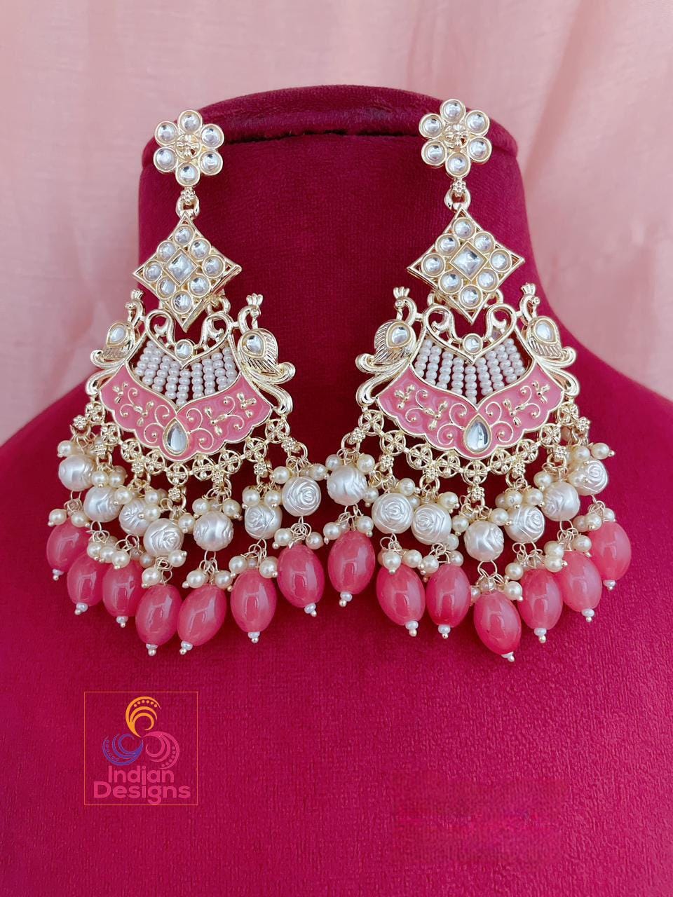 Green Meenakari Kundan Chandbali Earrings| Party Wear Long Earring| Bollywood Bridal Earrings| Indian Wedding Earrings| Pakistani Earrings