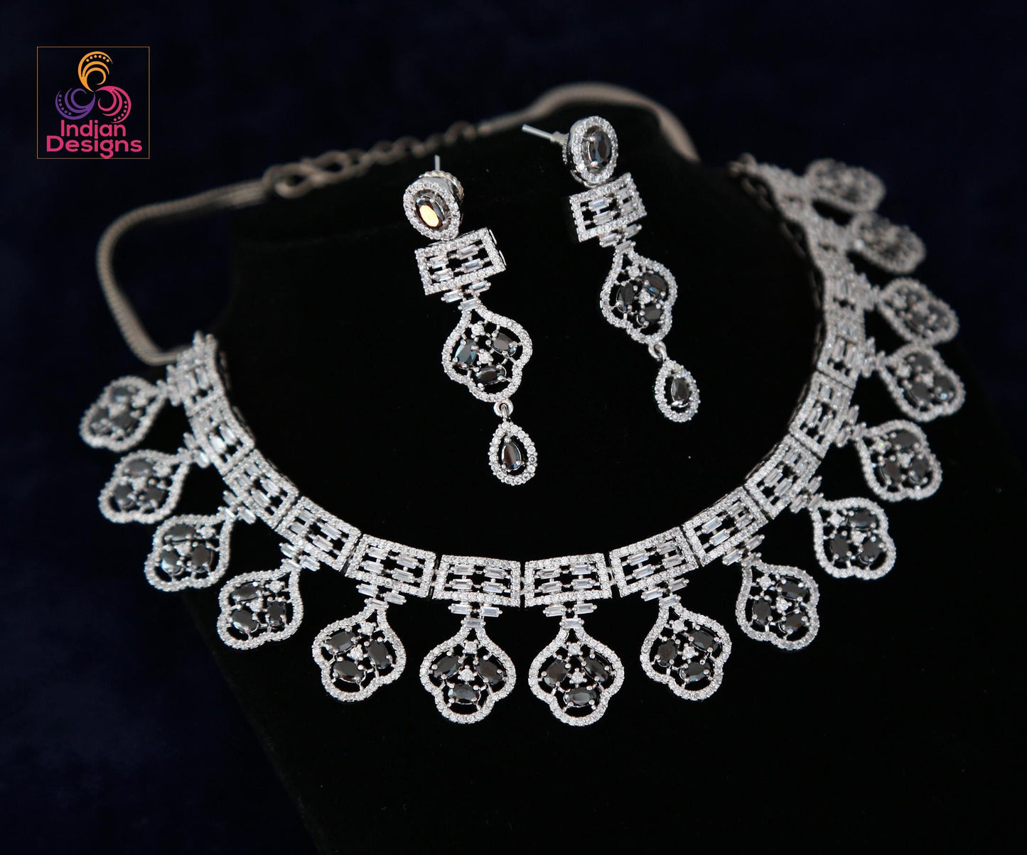 Rhodium Plated Indian American Diamond Cubic Zirconia CZ Bridal Necklace with Matching Eardrops