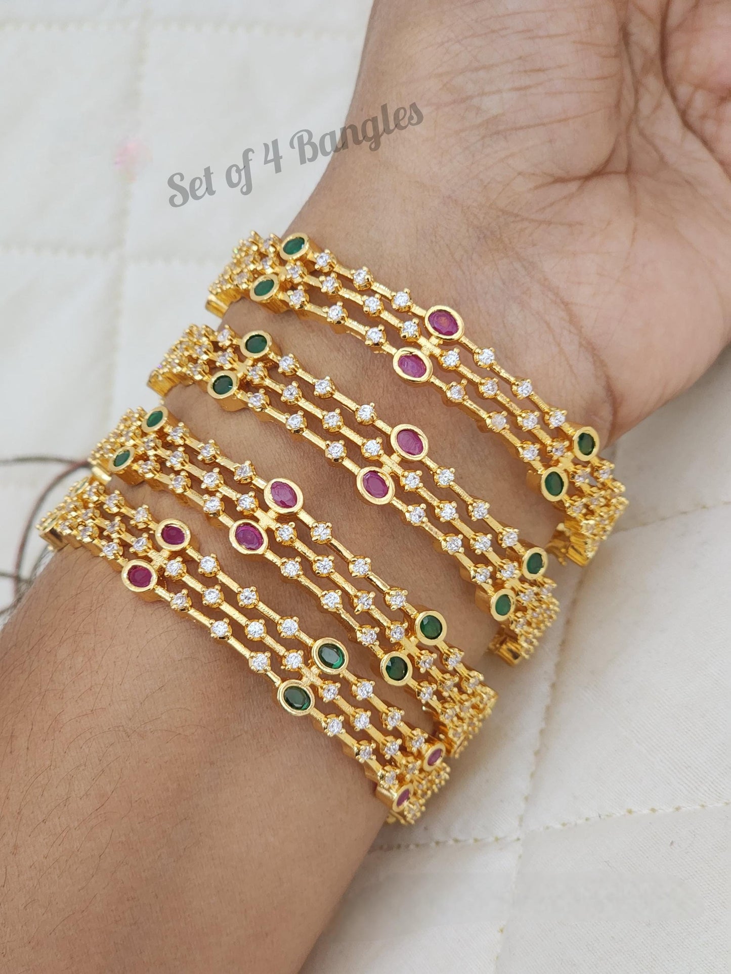 Gold Plated Green & Pink CZ bangles set of 4|1 gm Gold AD stone CZ Indian Bangles| 22K Yellow gold American Diamond bangle set| Gift for her