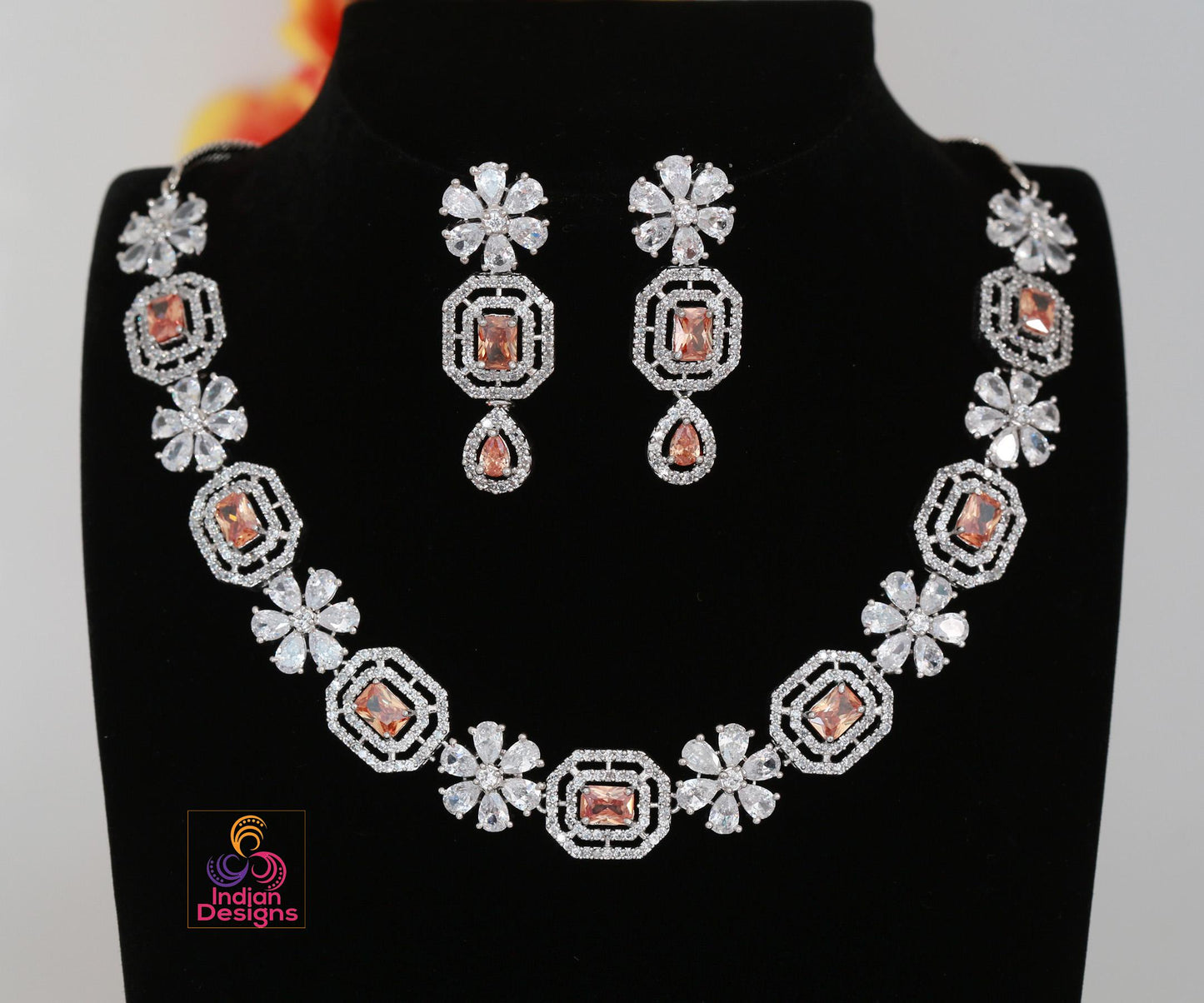 Beautiful American Diamond Necklace with Earrings| Dainty Topaz CZ Necklace set| Elegant Party Wear Jewelry| CZ diamond jewelry|Gift for her