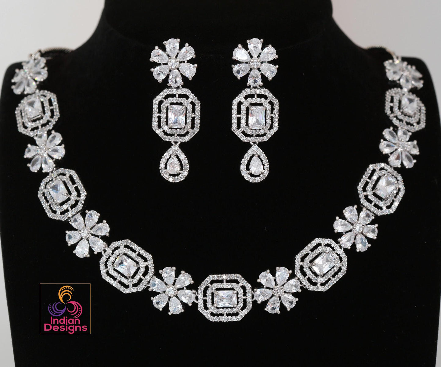Beautiful American Diamond Necklace with Earrings| Dainty Topaz CZ Necklace set| Elegant Party Wear Jewelry| CZ diamond jewelry|Gift for her