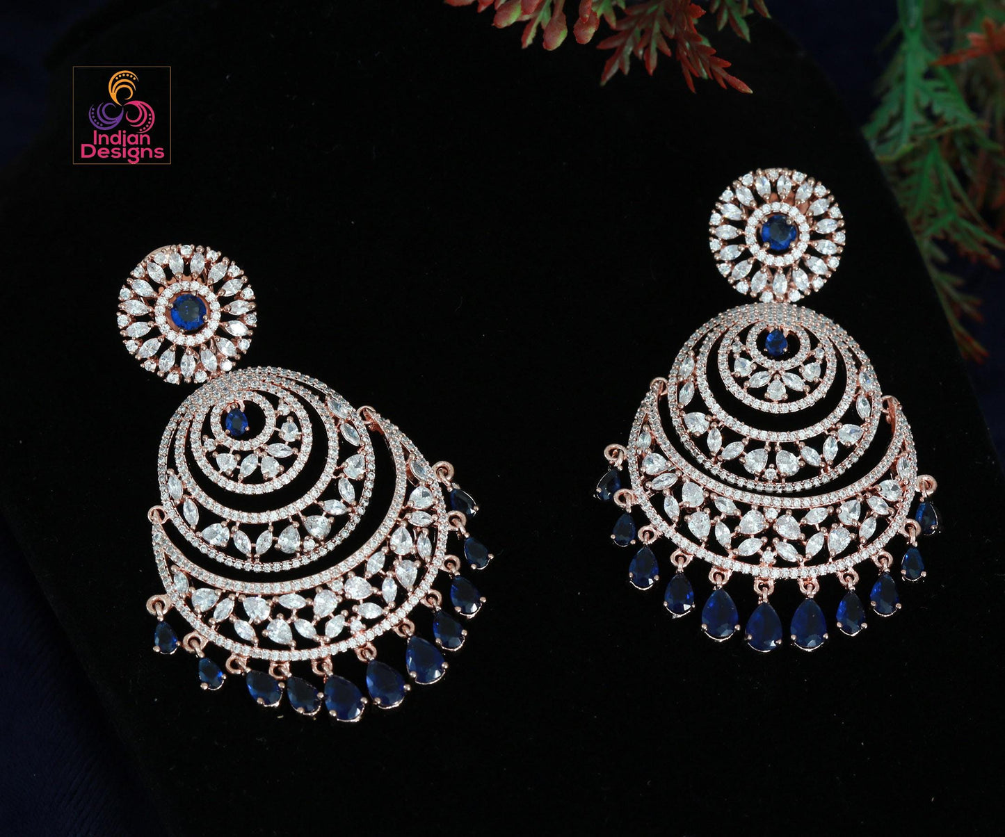 Rose Gold American Diamond Chandbali Earrings Mang tikka set| Indian Bollywood style CZ Earrings Maang Tikka Combo Set| Wedding Gift for her