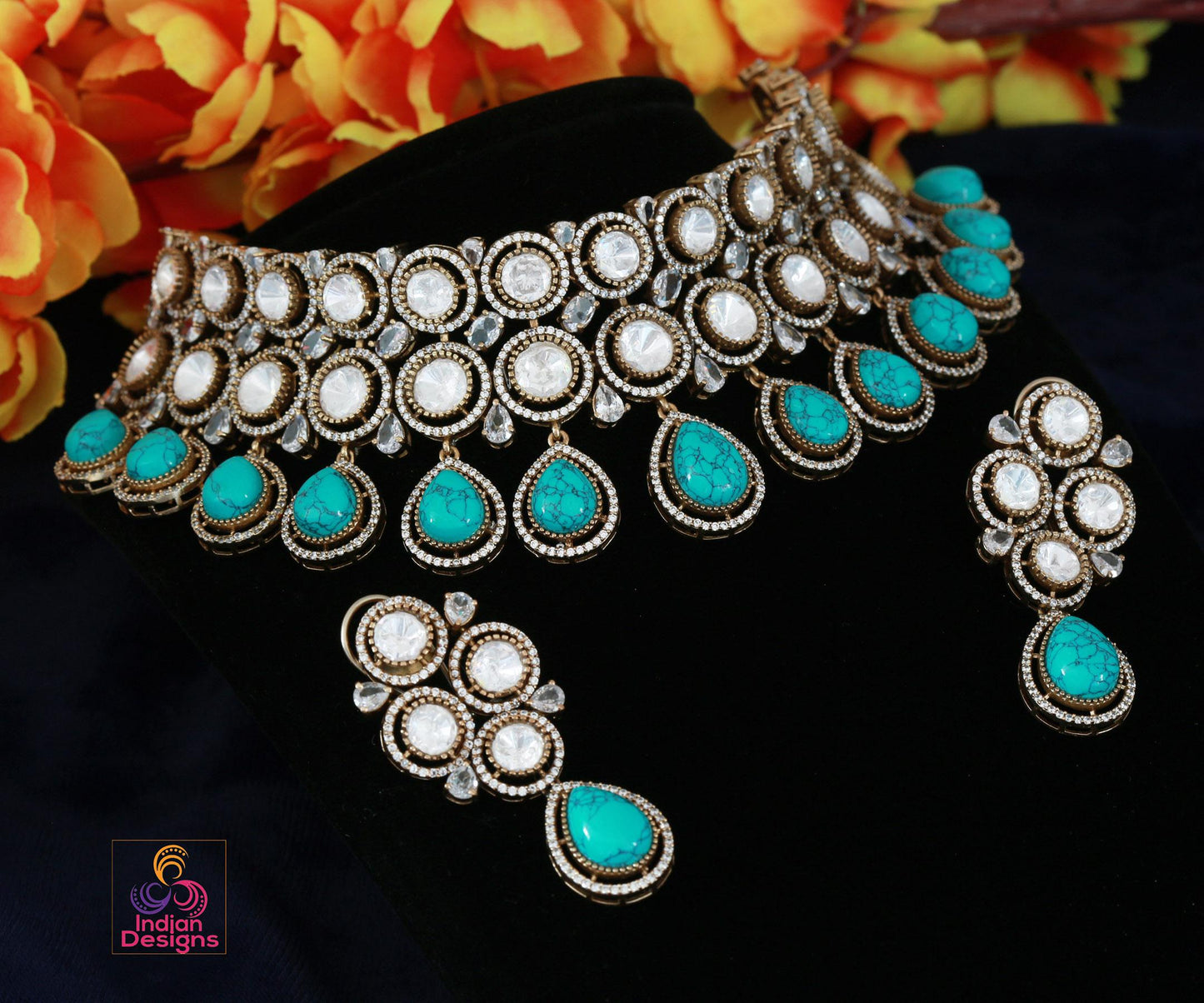 Moissanite Kundan Choker Necklace Earring Set| Victorian Polish Kundan Jewelry| Statement choker necklace| Wedding Jewelry| Gift for her