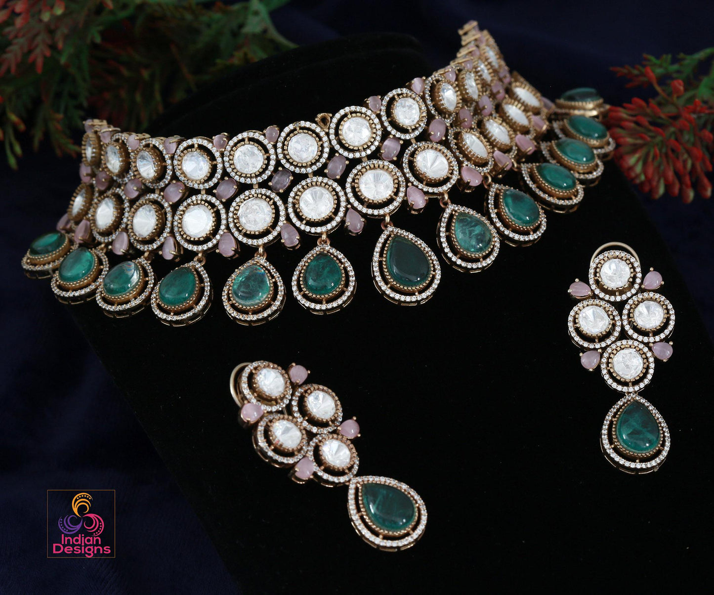 Moissanite Kundan Choker Necklace Earring Set| Victorian Polish Kundan Jewelry| Statement choker necklace| Wedding Jewelry| Gift for her