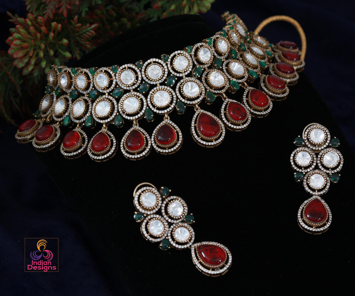 Moissanite Kundan Choker Necklace Earring Set| Victorian Polish Kundan Jewelry| Statement choker necklace| Wedding Jewelry| Gift for her