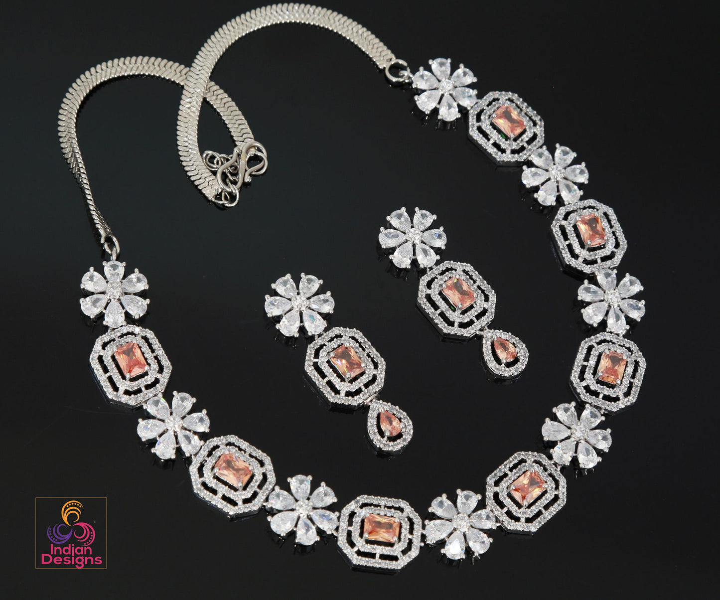 Beautiful American Diamond Necklace with Earrings| Dainty Topaz CZ Necklace set| Elegant Party Wear Jewelry| CZ diamond jewelry|Gift for her