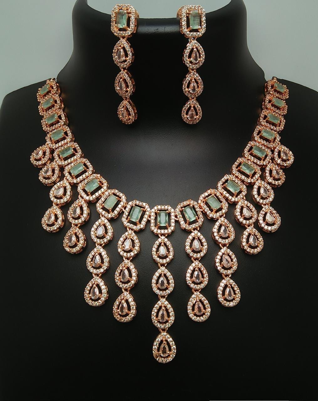 Rose Gold American Diamond multi strand necklace and Earrings