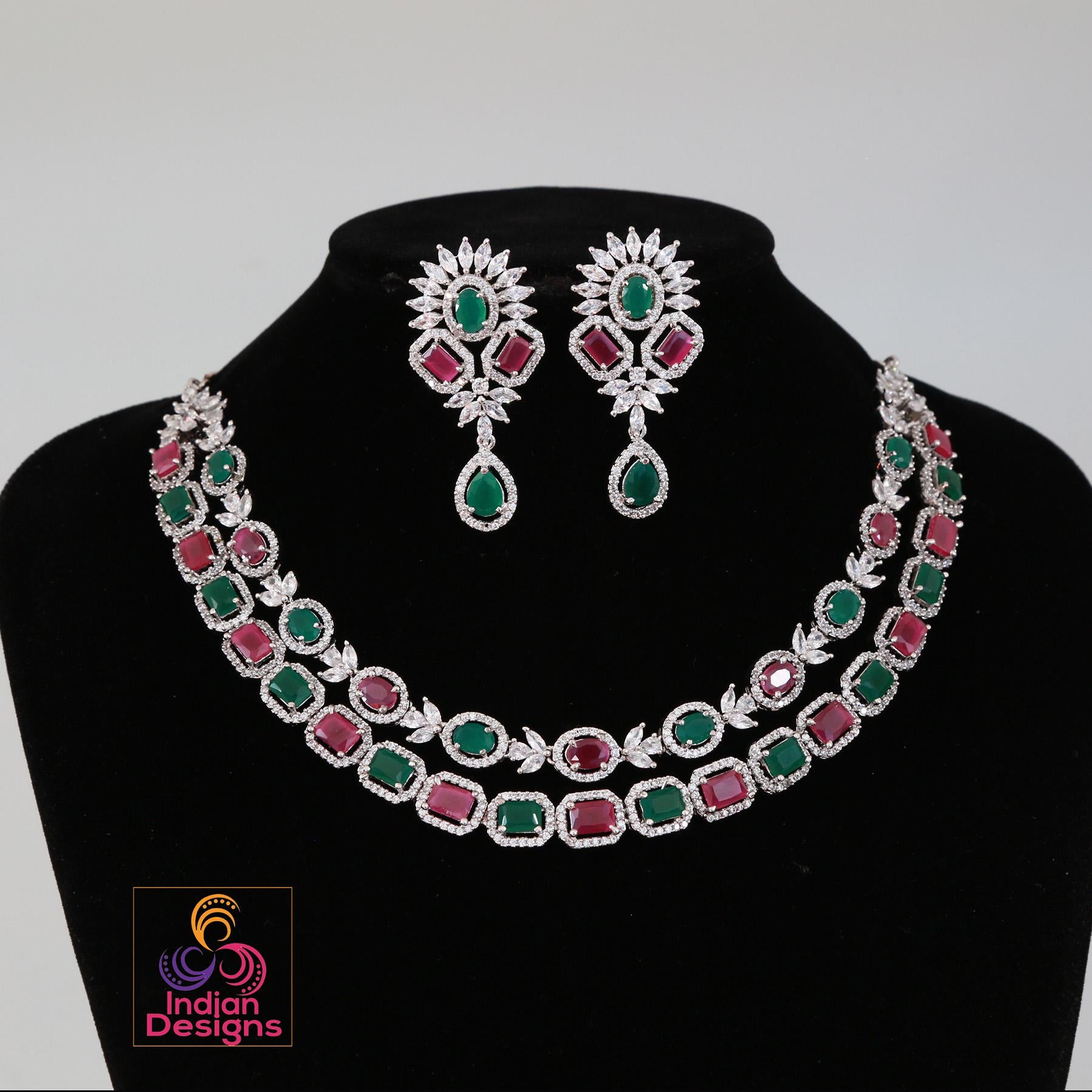 American Diamond Double line necklace set| CZ stone Party Wear Jewelry| Indian Wedding party wear jewelry| Statement Jewelry Indian Designs