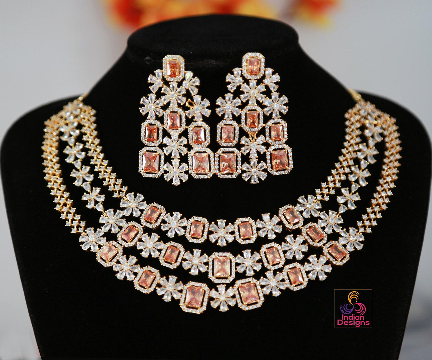 American Diamond Multi-Layer Necklace and Earrings set with CZ Topaz/Ruby Stones| Statement Wedding Necklace| Indian Jewelry| Gift for her