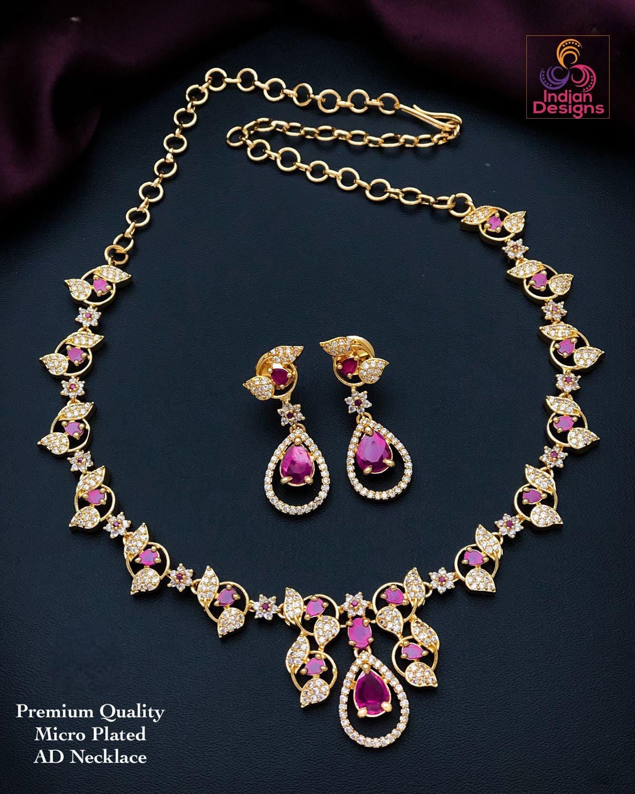 Gold Plated American Diamond Necklace and Earrings| Green Ruby CZ Diamond Floral choker set| Indian jewelry Statement Necklace| Gift for her