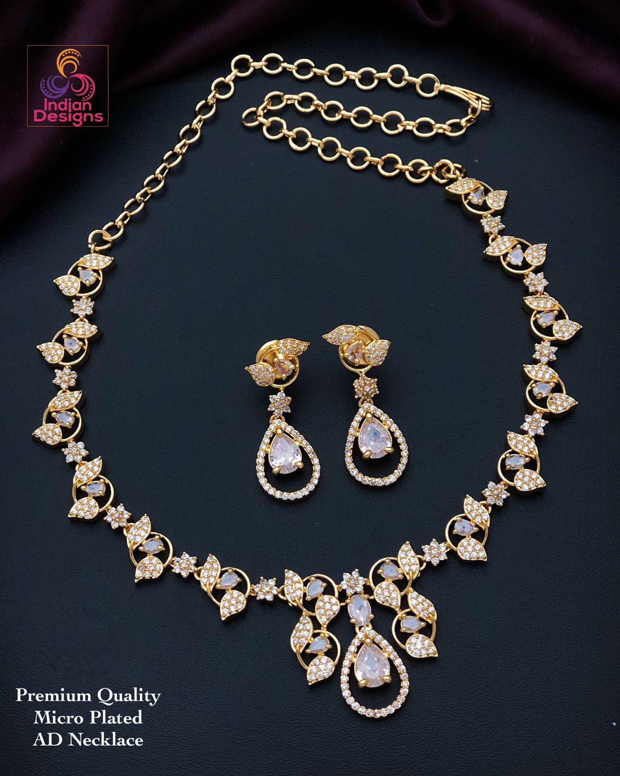Gold Plated American Diamond Necklace and Earrings| Green Ruby CZ Diamond Floral choker set| Indian jewelry Statement Necklace| Gift for her