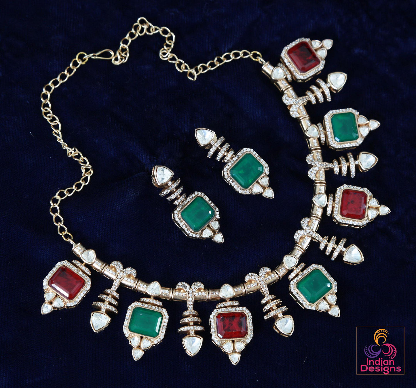 Pink Doublet and Moissanite stone Necklace & Earring Set| Victorian Gold Purple Kundan Sabyasachi Inspired Jewelry| Statement necklace