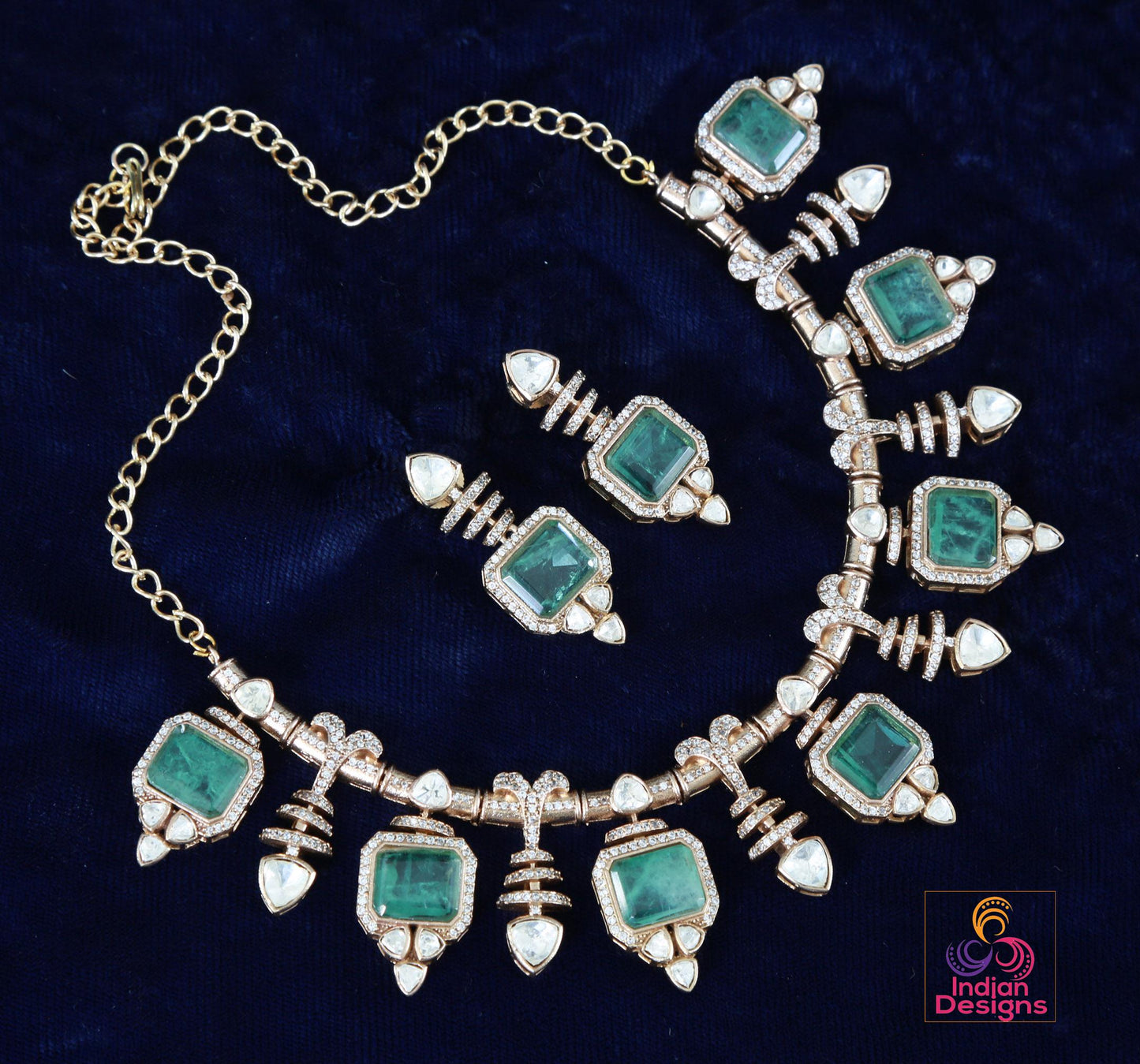 Pink Doublet and Moissanite stone Necklace & Earring Set| Victorian Gold Purple Kundan Sabyasachi Inspired Jewelry| Statement necklace