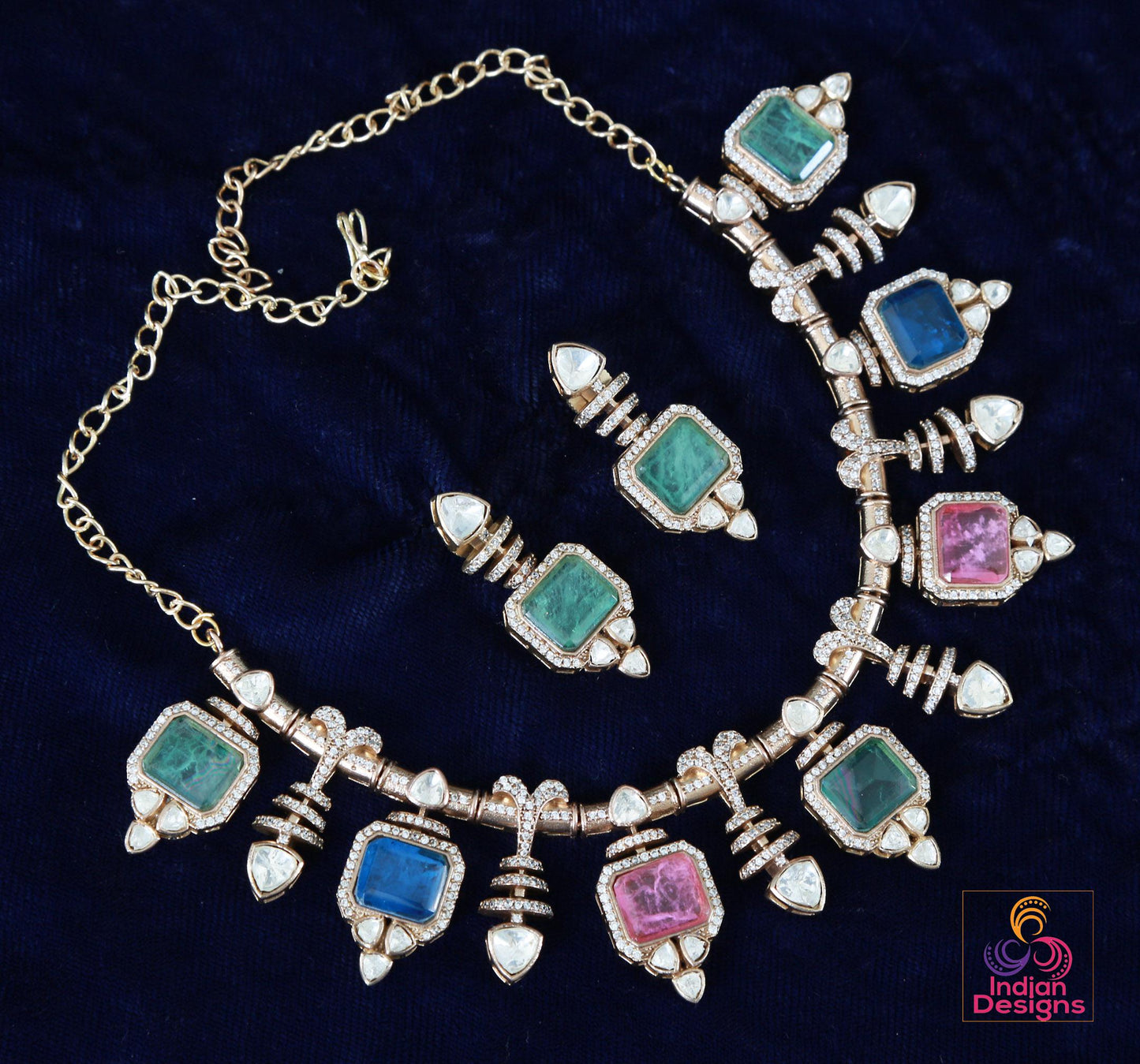 Pink Doublet and Moissanite stone Necklace & Earring Set| Victorian Gold Purple Kundan Sabyasachi Inspired Jewelry| Statement necklace