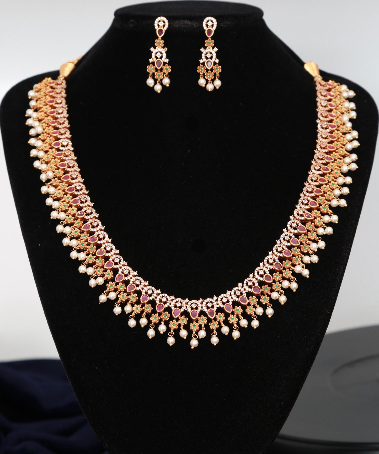 Gold Plated Ruby Green Flower Design Long necklace|South Indian Guttapusalu Necklace Earring set| Indian Bollywood Wedding Statement jewelry