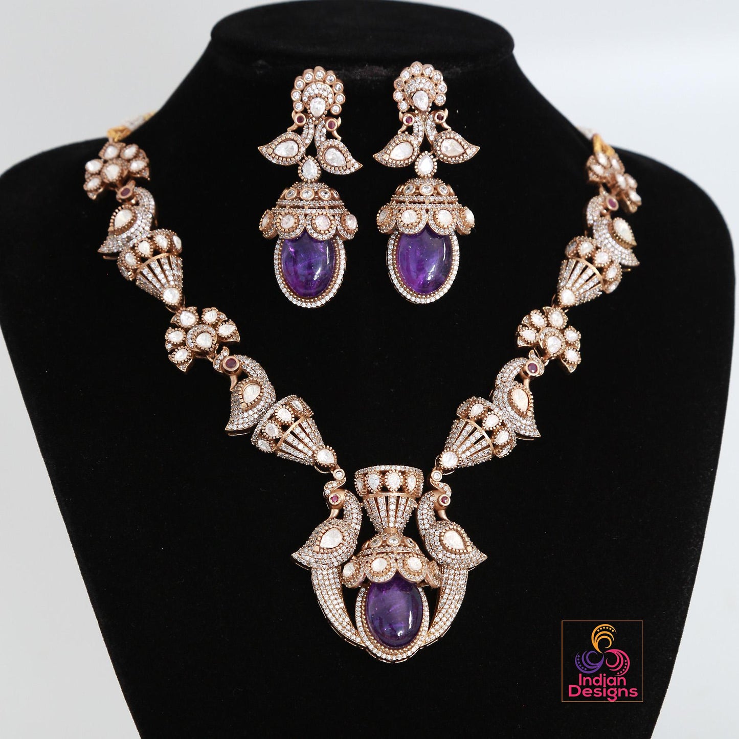 Moissanite Polki stone Statement Necklace Set| Kundan Polki Indian Wedding Jewelry|American Diamond Bridal necklace Earring set|Gift for her