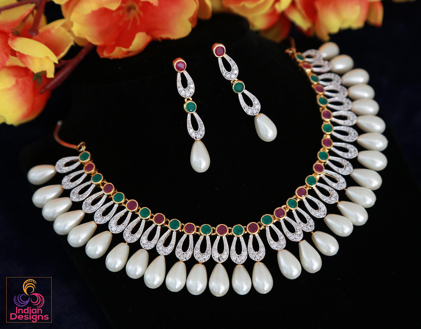 Multi Color AD Pearl Choker Necklace Set with Matching Earrings| Statement Indian Wedding Necklace| One gram gold Cz choker Wedding necklace