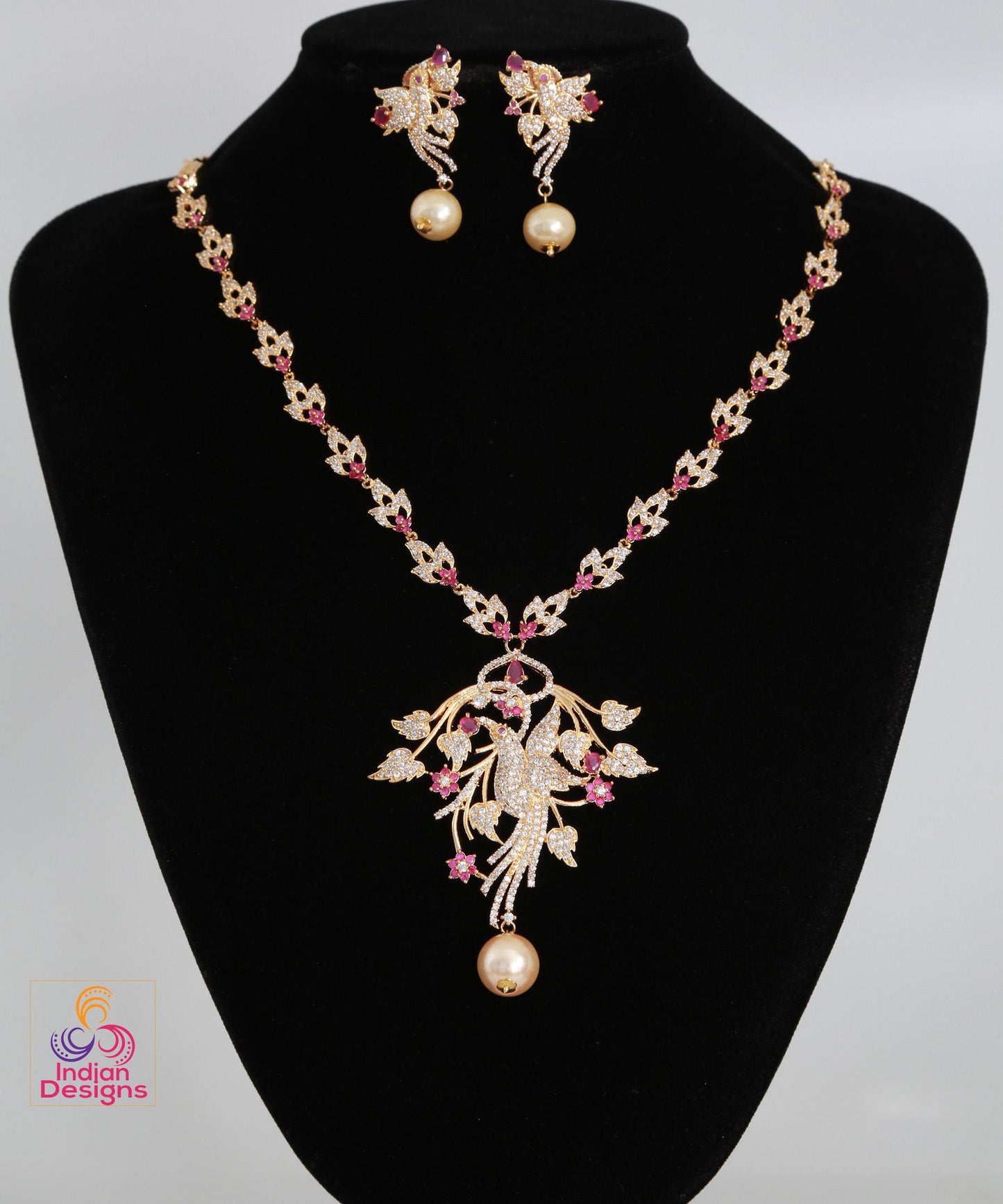 American Diamond Necklace Earring set Peacock Design |Gold Plated Peacock American Diamond Necklace with Ruby Emerald stones |Indian Jewelry