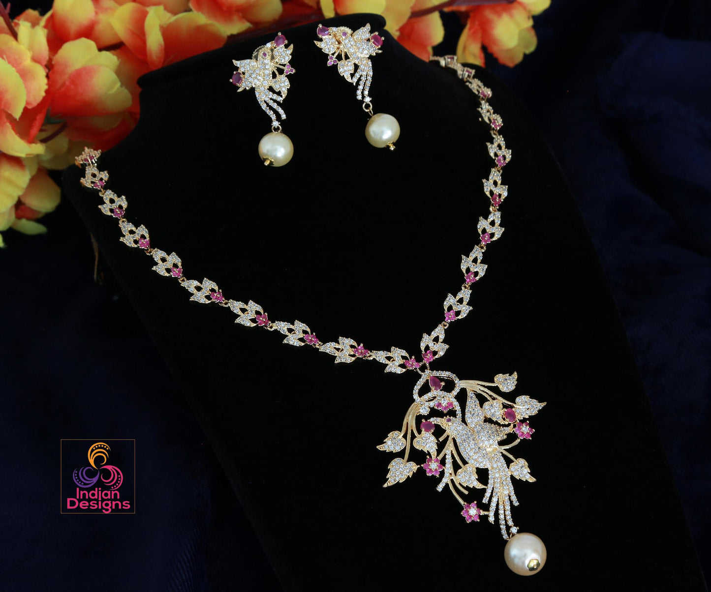 American Diamond Necklace Earring set Peacock Design |Gold Plated Peacock American Diamond Necklace with Ruby Emerald stones |Indian Jewelry