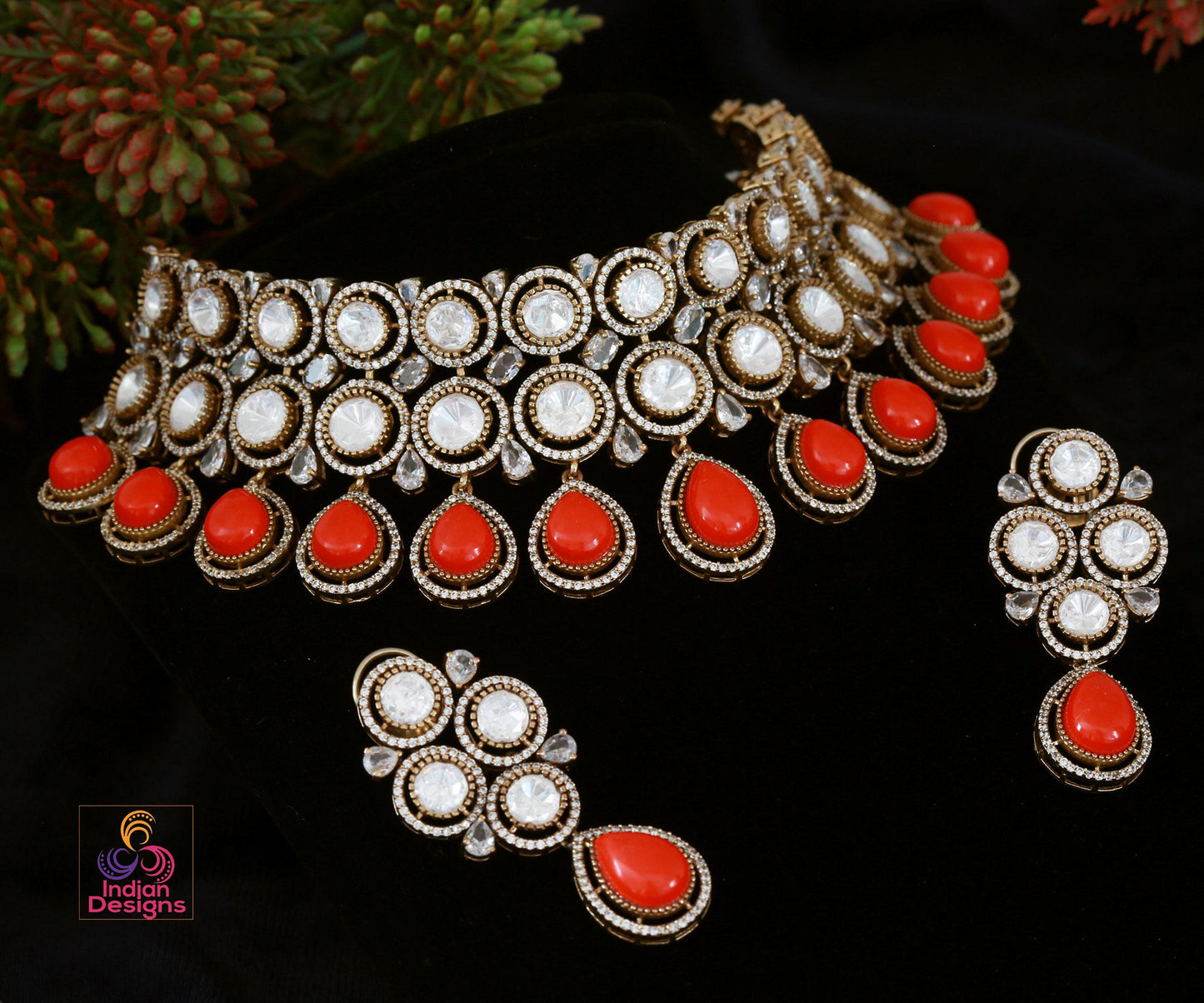 Moissanite Polki Kundan choker with Red Coral stones