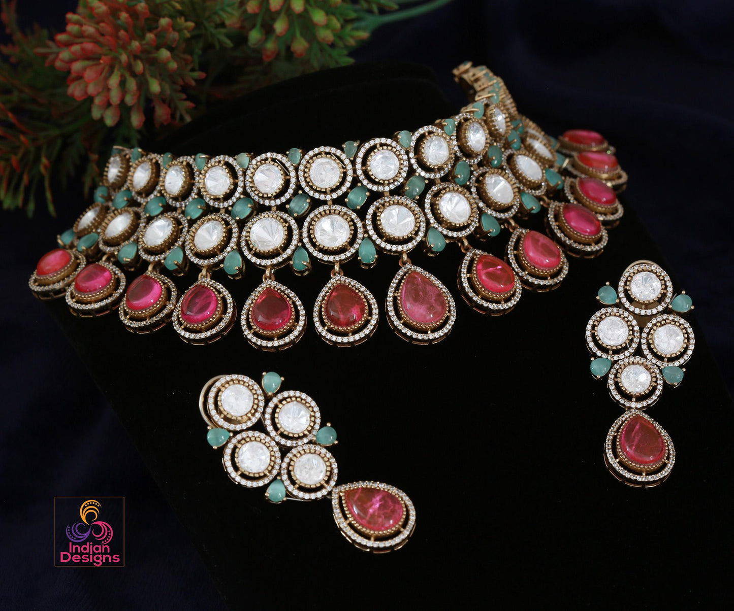 Victorian Polish Kundan choker with Mint Pink moissanite stones