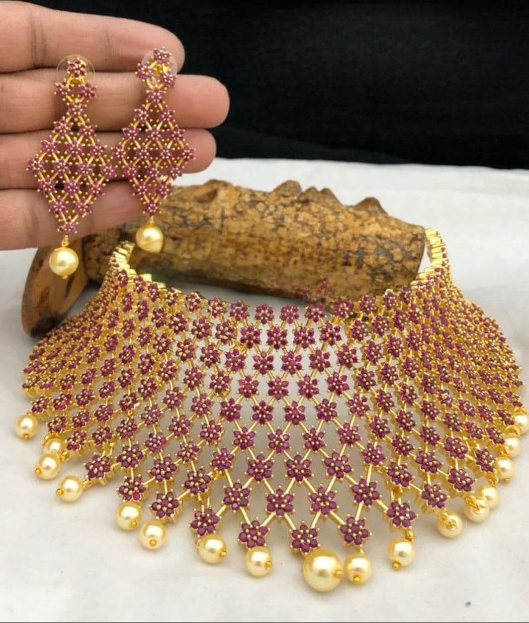 Gold Plated Wedding Choker necklace |American Diamond Emerald Ruby Star Design CZ Diamond Bridal necklace Earring set |Bollywood choker set