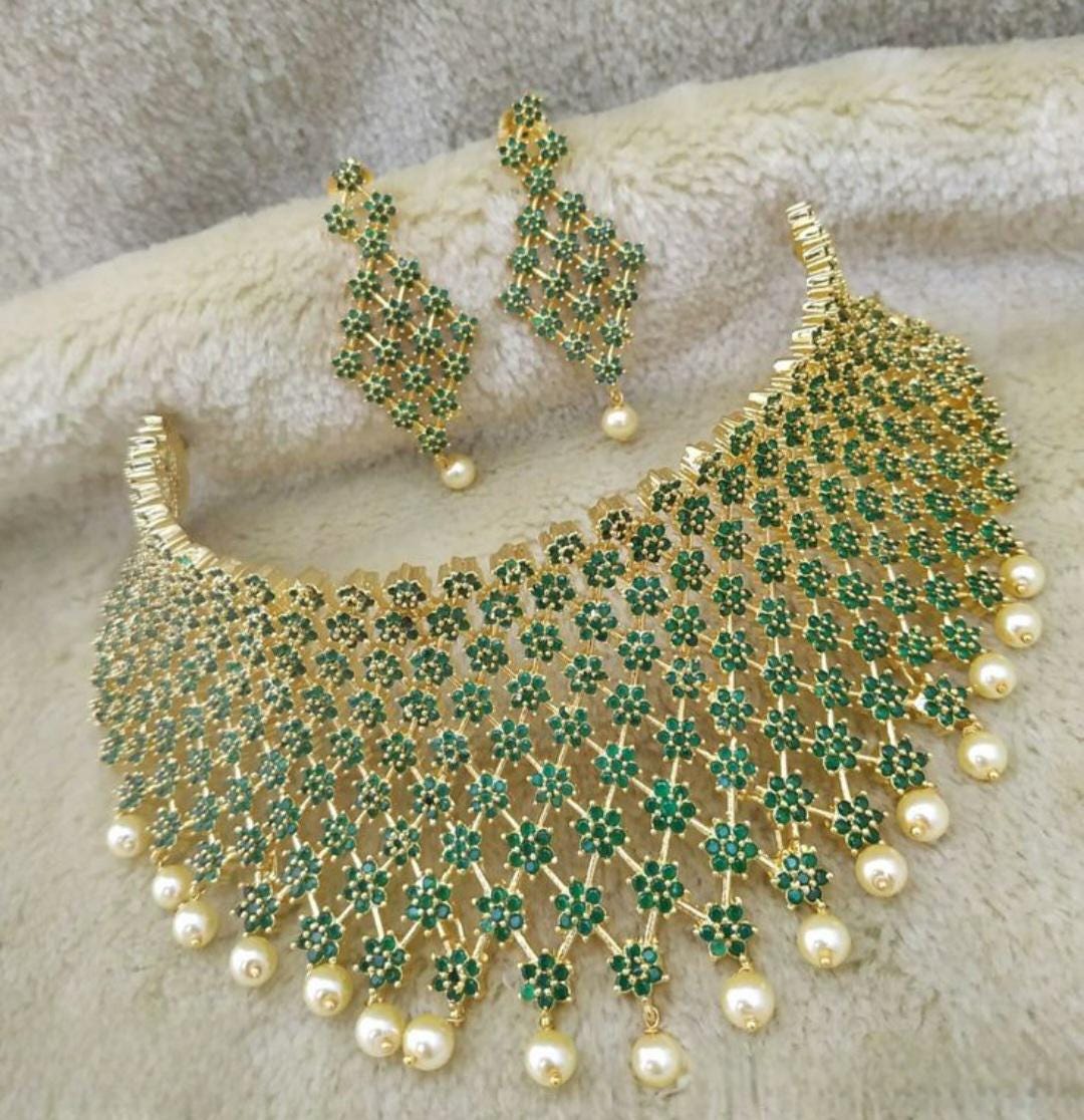 Gold Plated Wedding Choker necklace |American Diamond Emerald Ruby Star Design CZ Diamond Bridal necklace Earring set |Bollywood choker set