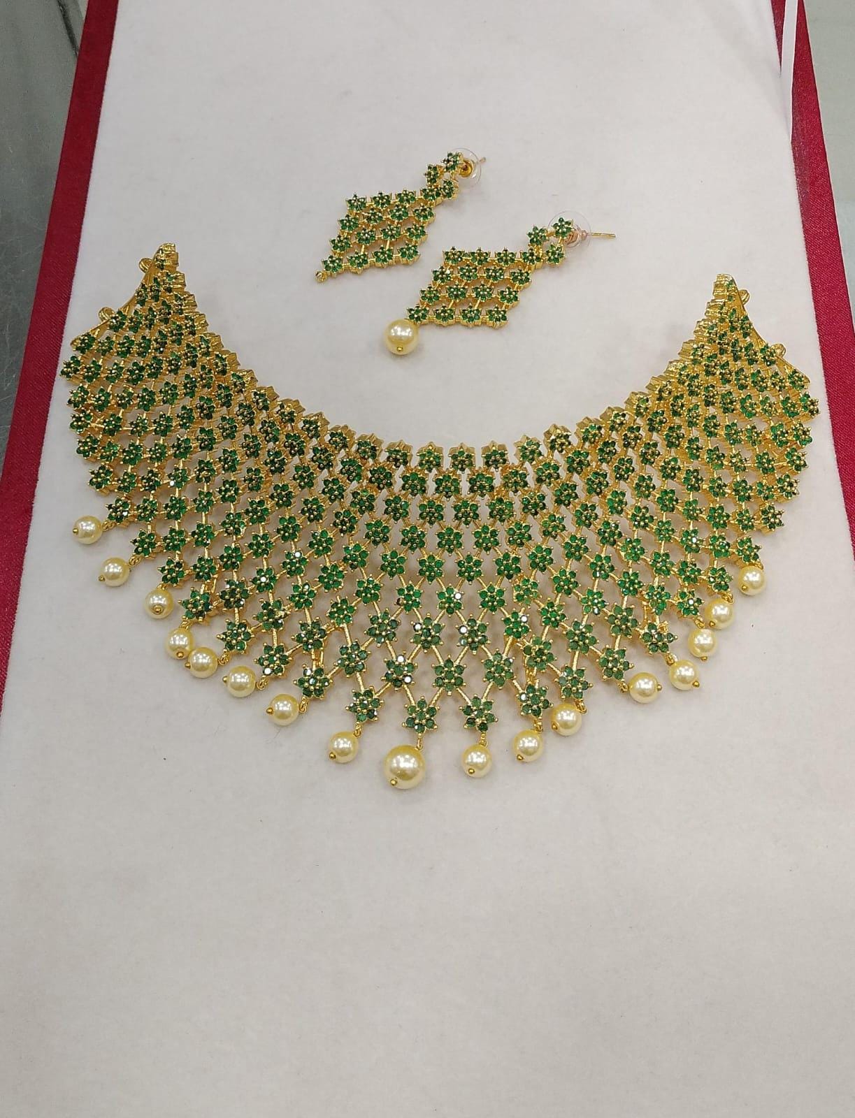 Gold Plated Wedding Choker necklace |American Diamond Emerald Ruby Star Design CZ Diamond Bridal necklace Earring set |Bollywood choker set